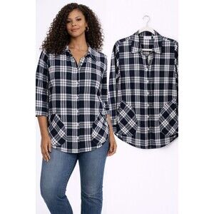 Joan Rivers Button Back Tunic Blouse Size XS Navy Blue Plaid